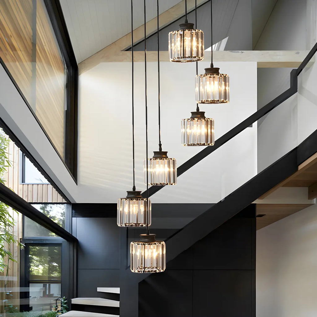 Contemporary Stairwell Spiral Cylinder Crystal Pendant Light