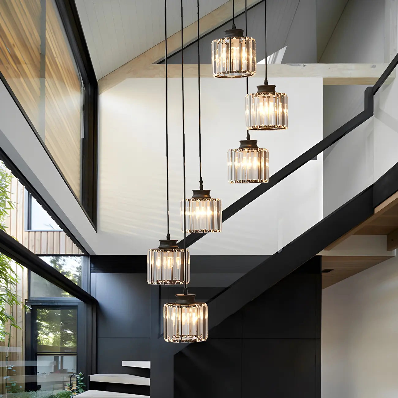 Contemporary Stairwell Spiral Cylinder Crystal Pendant Light