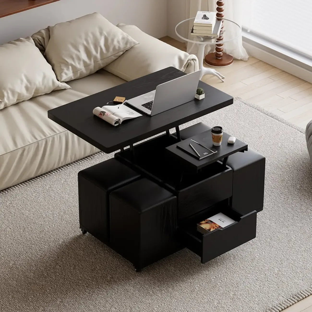 Foldable Lift-Top Coffee Table with 4 Stools & Storage