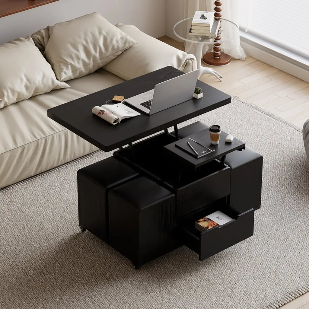 Foldable Lift-Top Coffee Table with 4 Stools & Storage