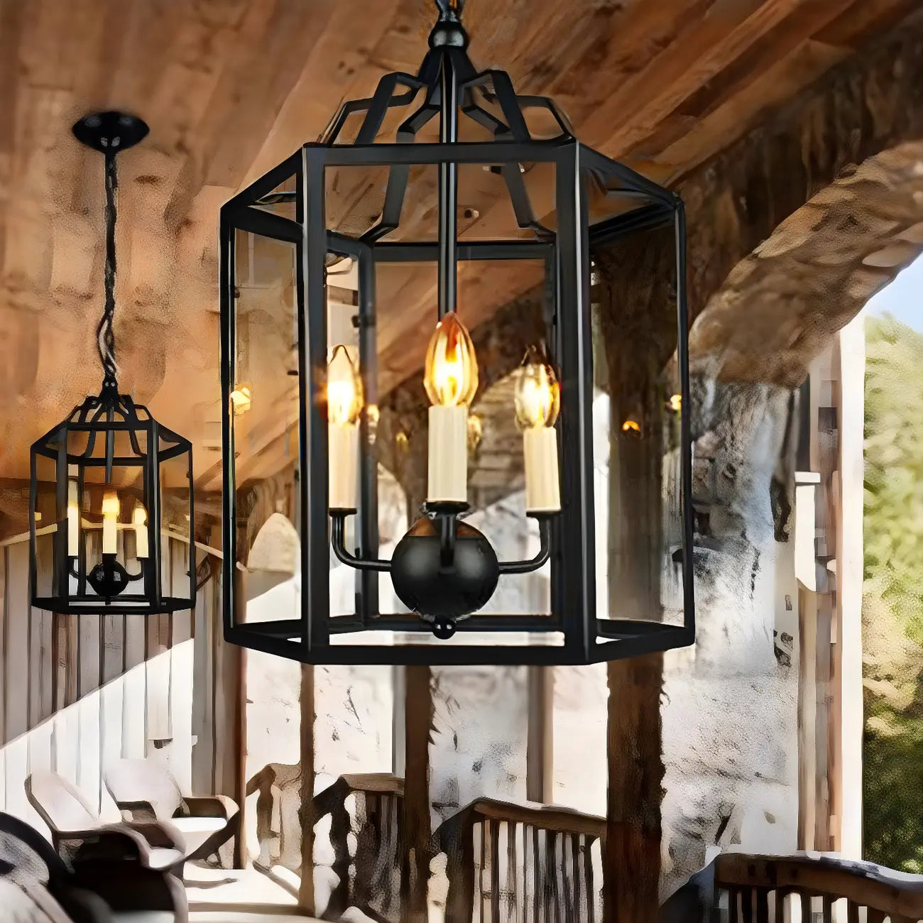 3-Light Clear Glass Hanging Chandelier Vintage Black/White Candle Pendant Light Fixture