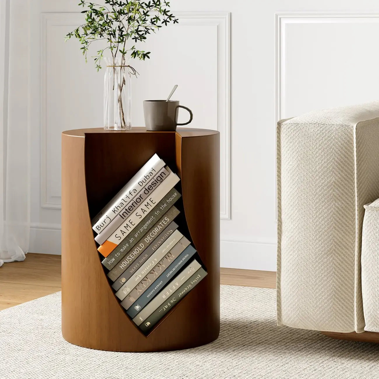 Round Walnut Wood Side Table with Open Storage for Couch