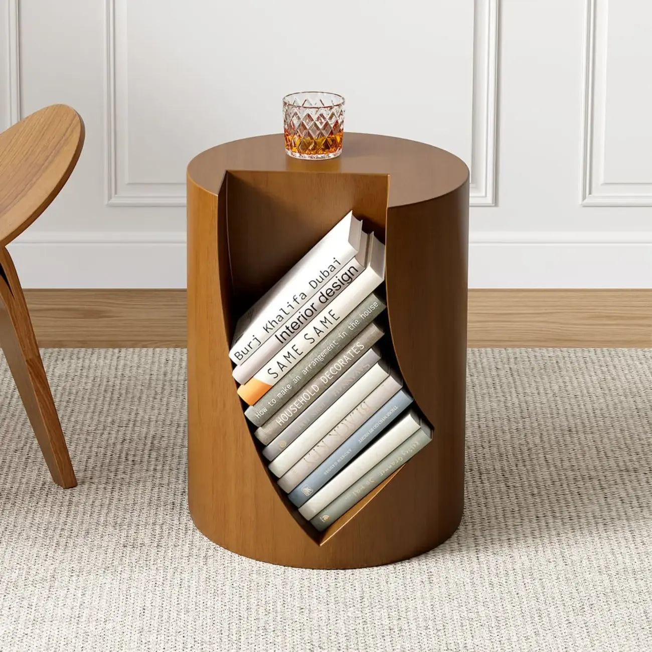 Round Walnut Wood Side Table with Open Storage for Couch