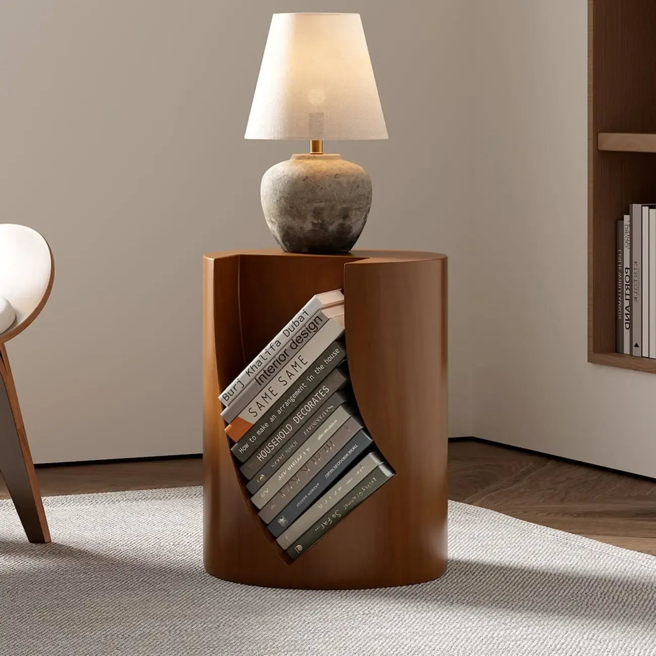 Round Walnut Wood Side Table with Open Storage for Couch