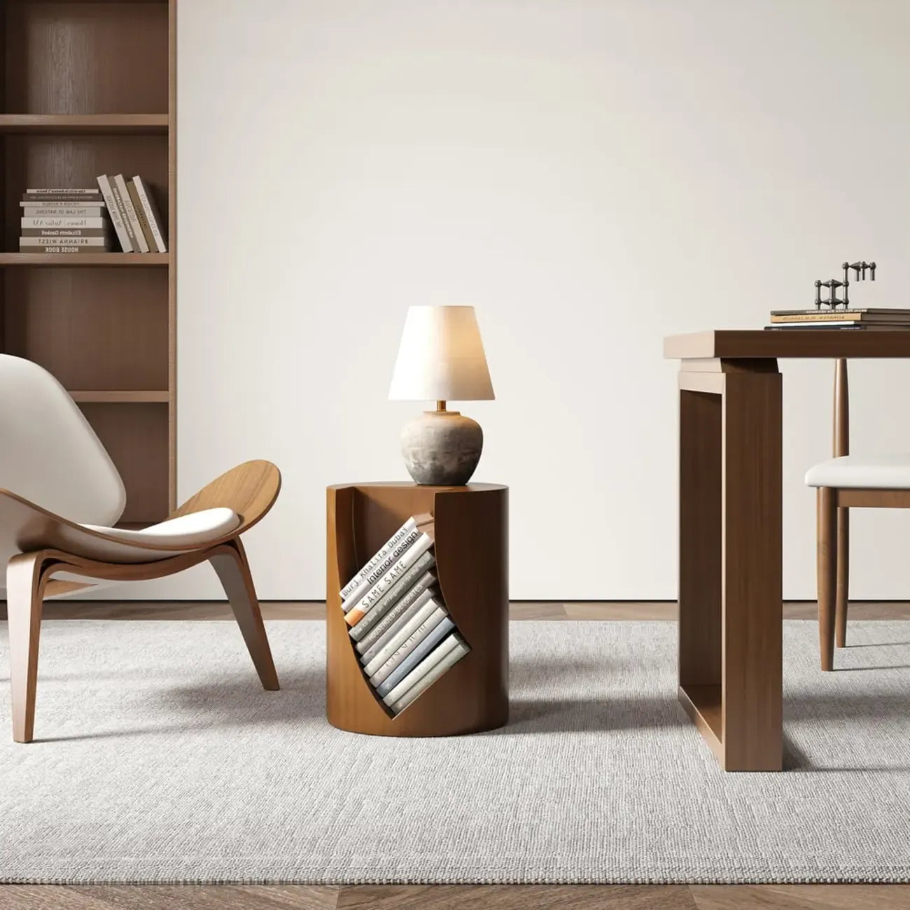 Round Walnut Wood Side Table with Open Storage for Couch