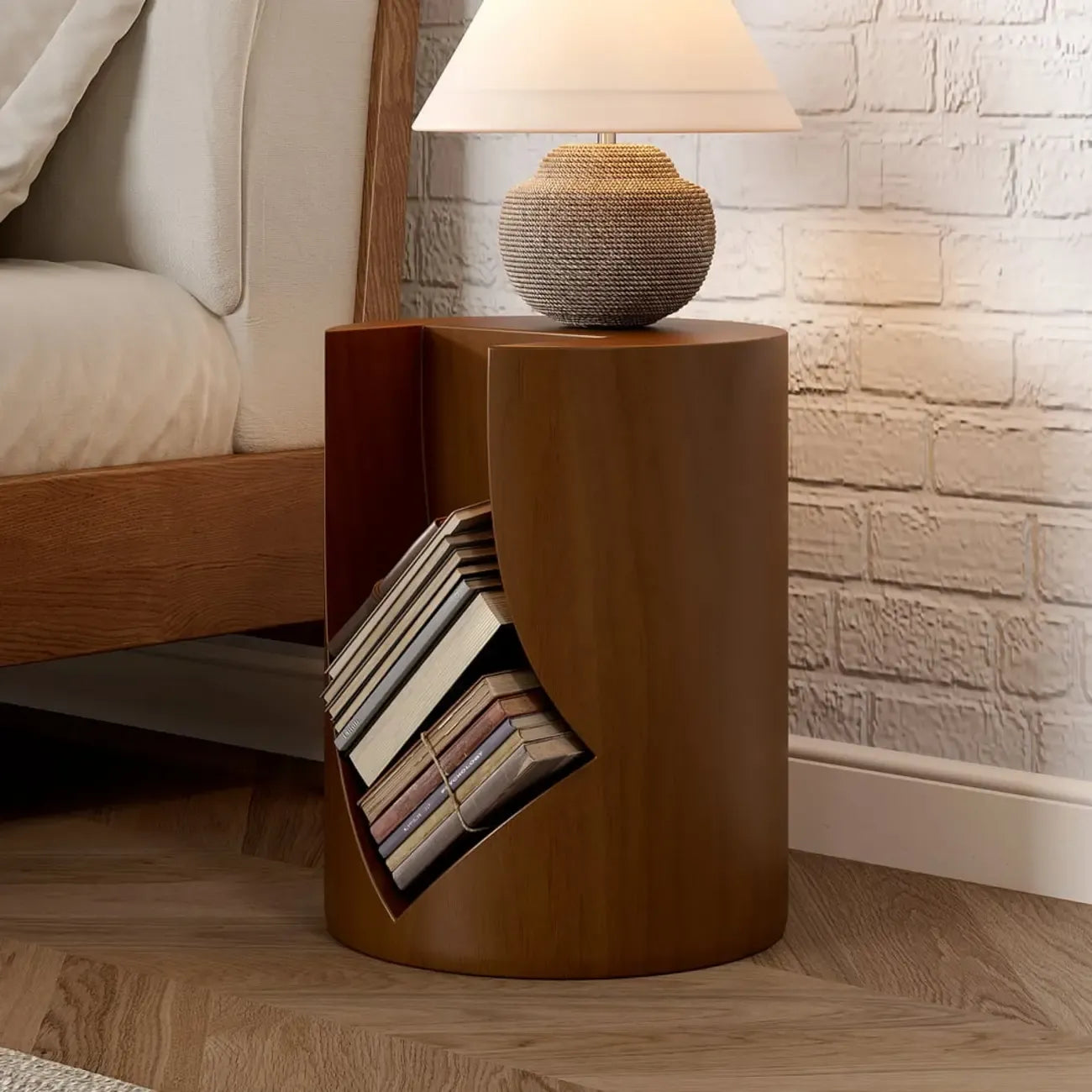 Round Walnut Wood Side Table with Open Storage for Couch