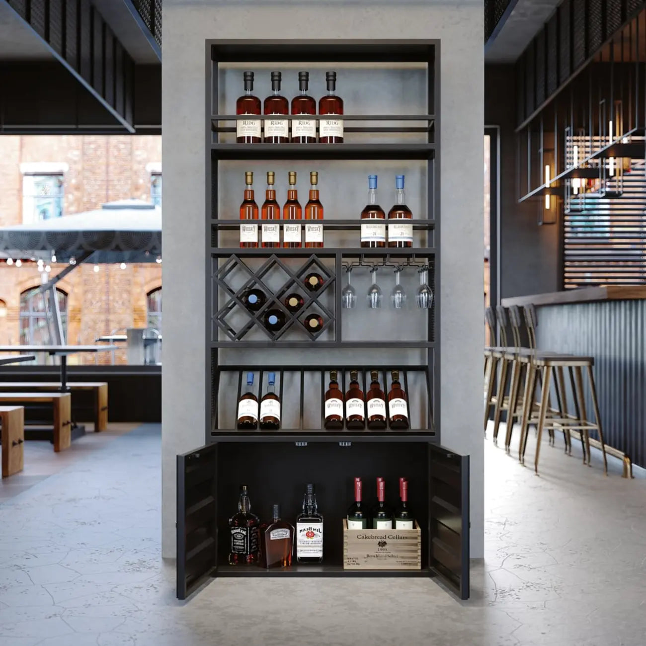 Industrial Versatile Metal Floor Wine Rack with Cabinet
