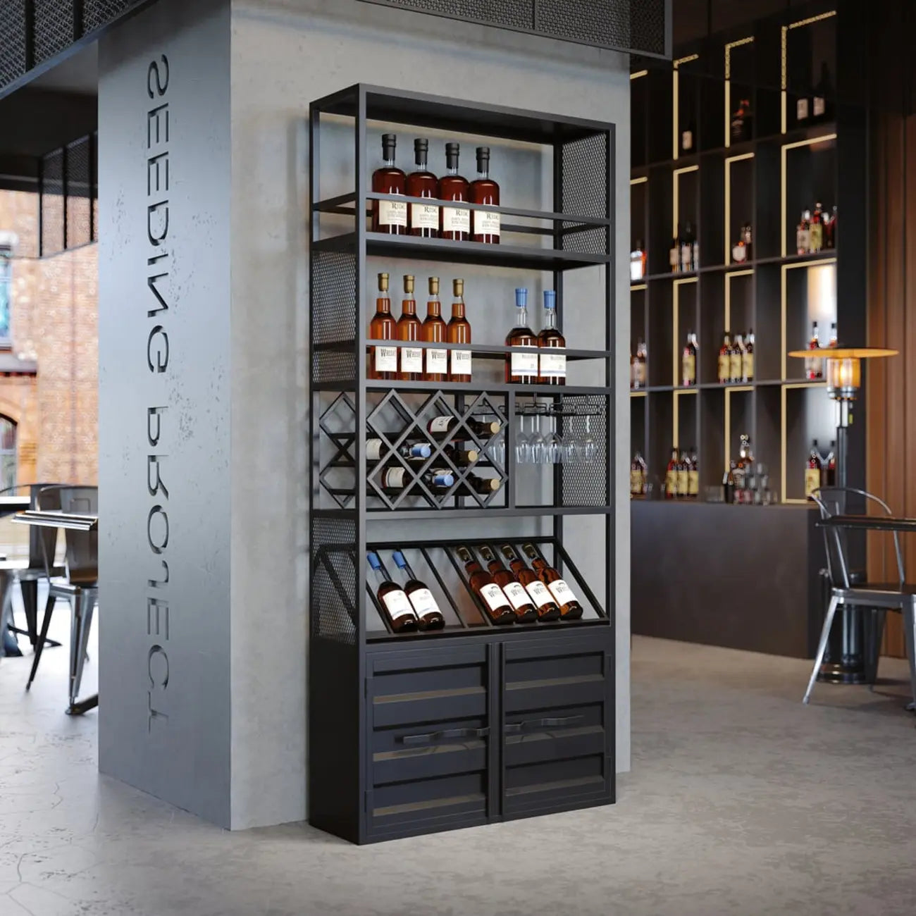 Industrial Versatile Metal Floor Wine Rack with Cabinet