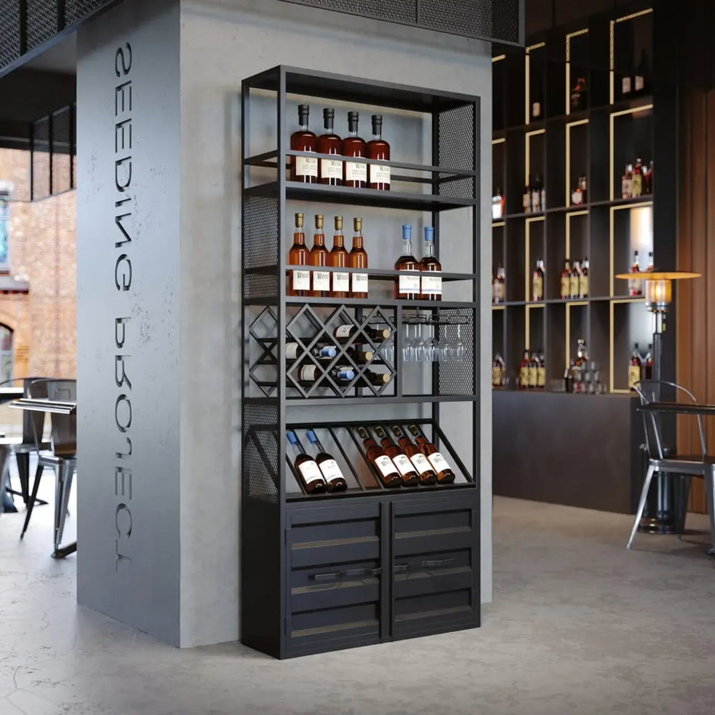 Industrial Versatile Metal Floor Wine Rack with Cabinet