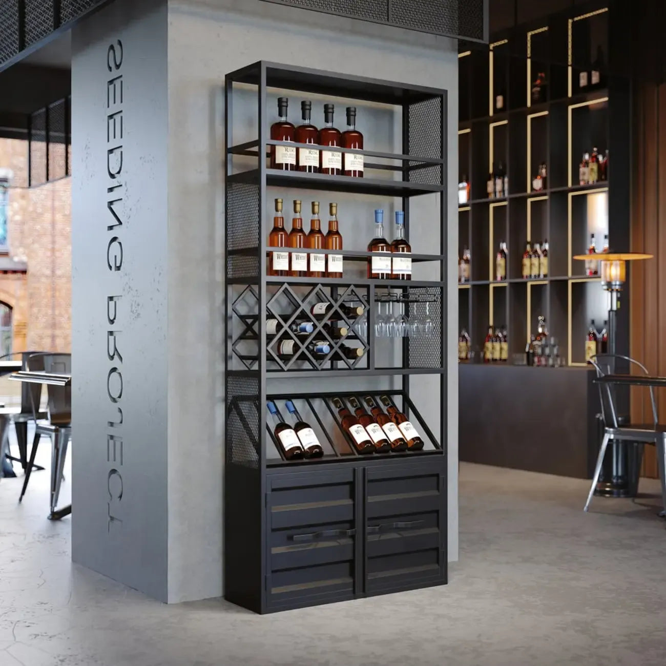 Industrial Versatile Metal Floor Wine Rack with Cabinet