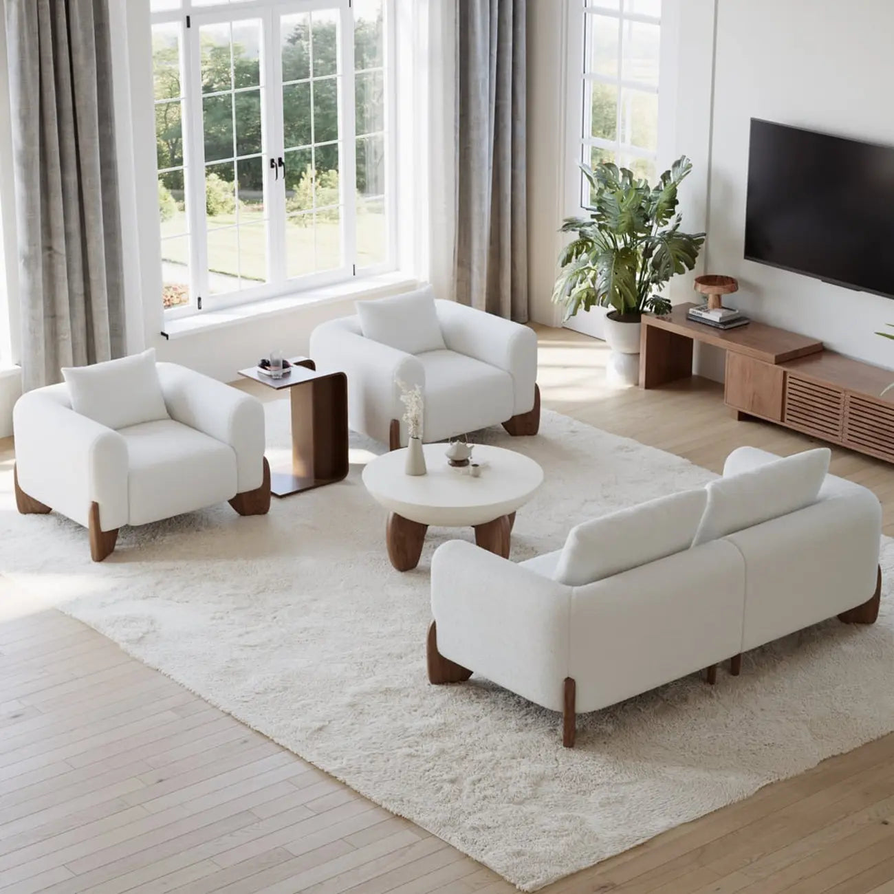 Convertible C-Shaped Walnut Wood Side Table with Storage