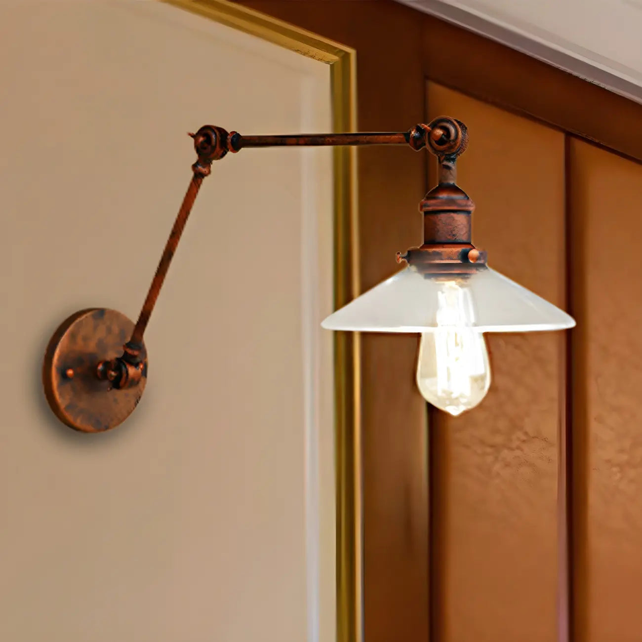 Antique Brass Glass Industrial Swing Arm Wall Light