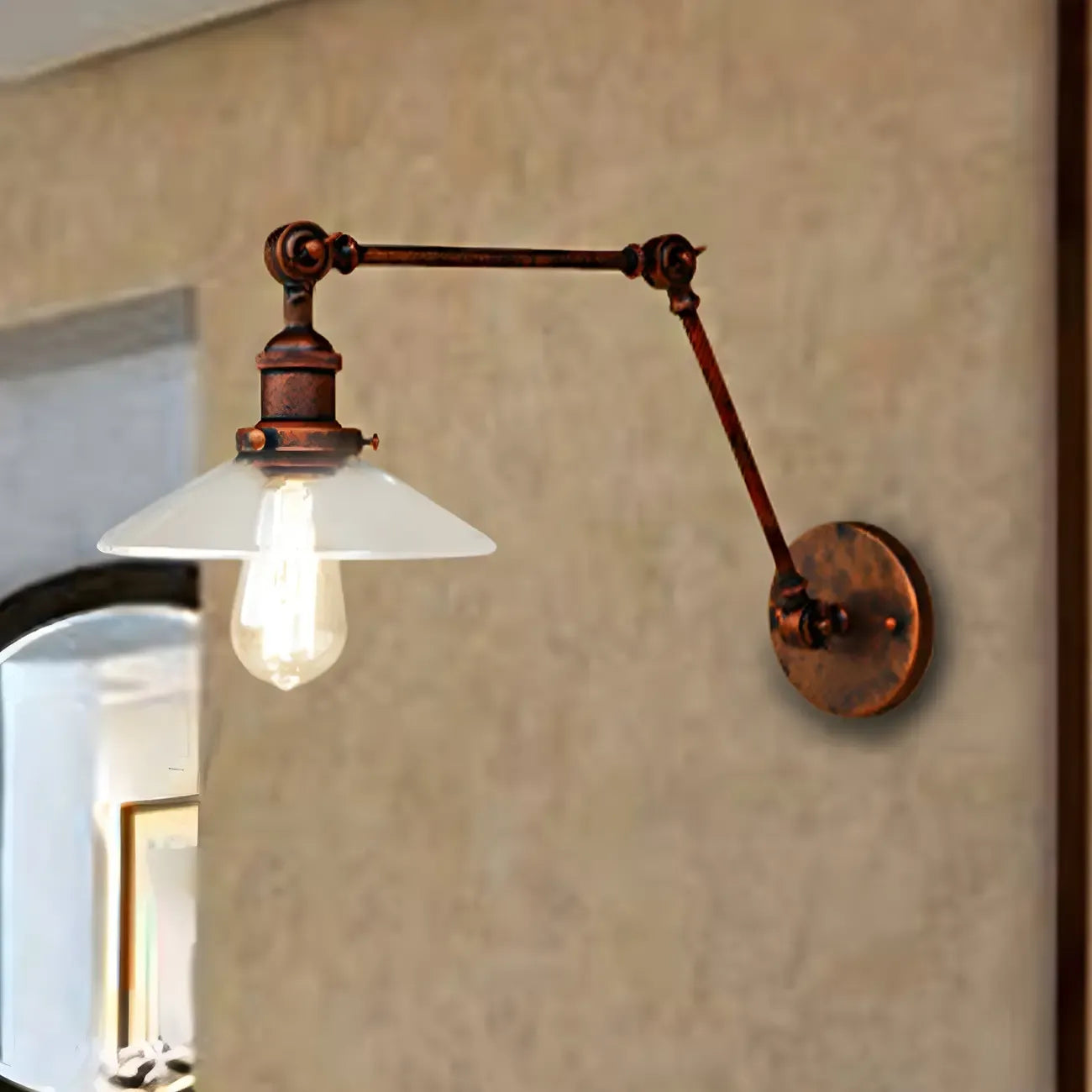 Antique Brass Glass Industrial Swing Arm Wall Light