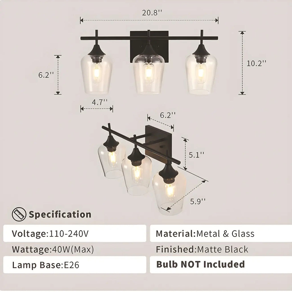 3-Light Industrial Vanity Light Glass Cup Shade LED for Bathroom