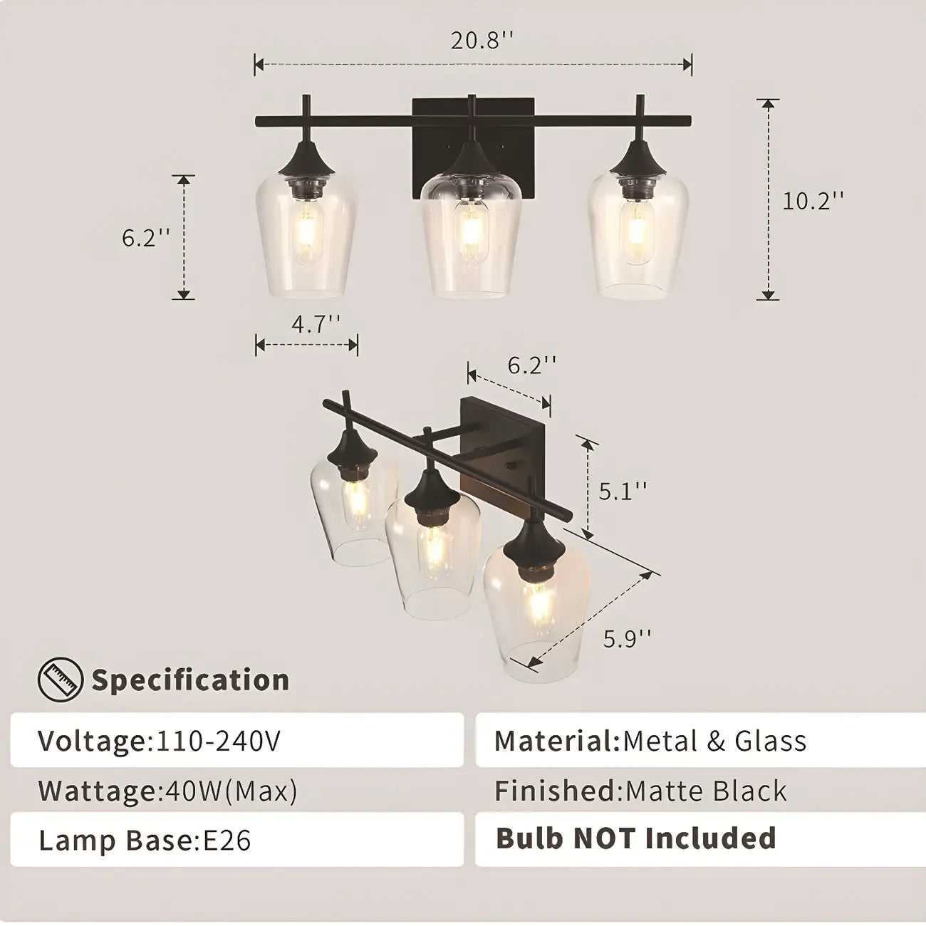 3-Light Industrial Vanity Light Glass Cup Shade LED for Bathroom