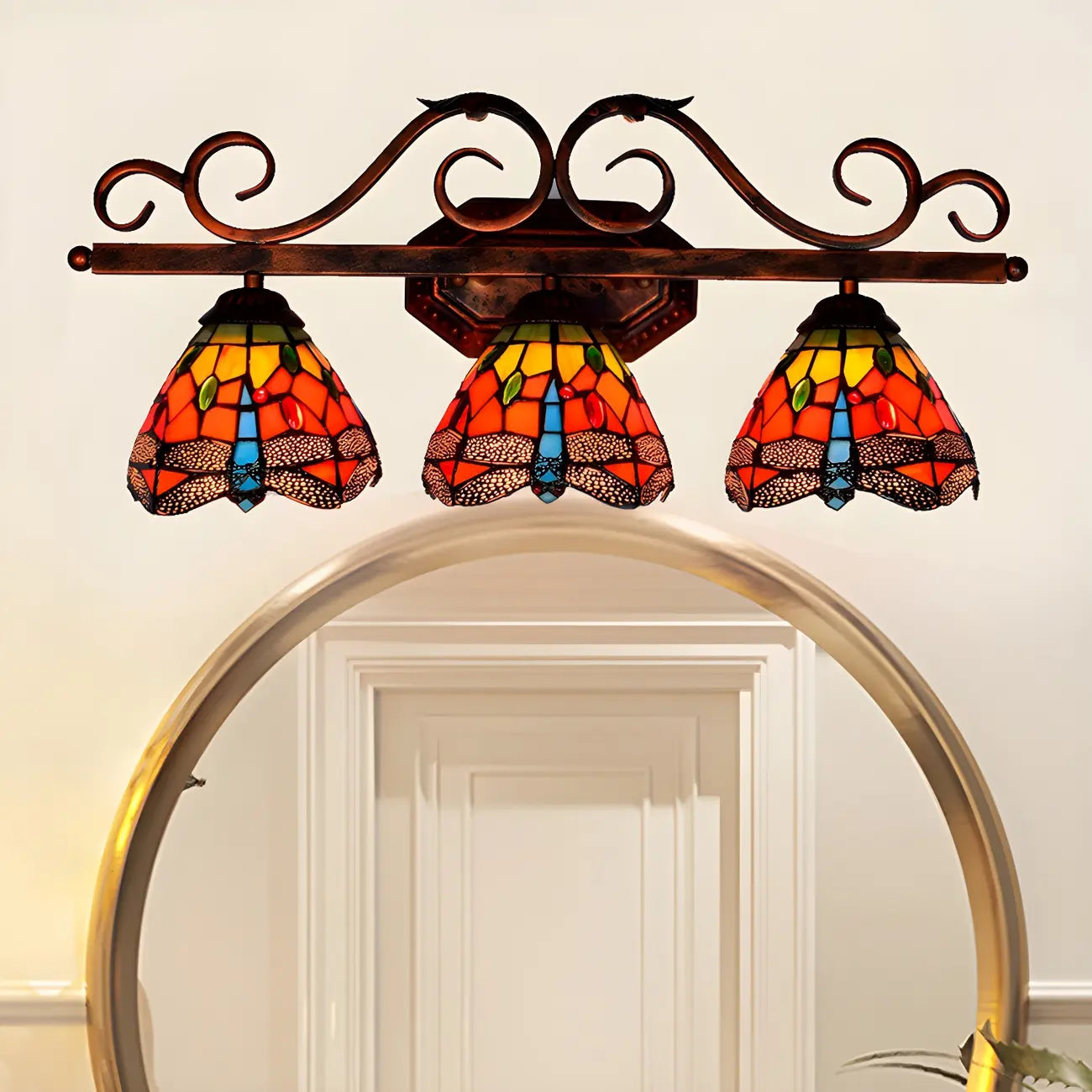 3-Light Orange Stained Glass Colorful Wall Light Dome Shape