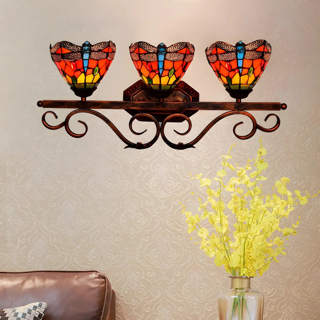 3-Light Orange Stained Glass Colorful Wall Light Dome Shape