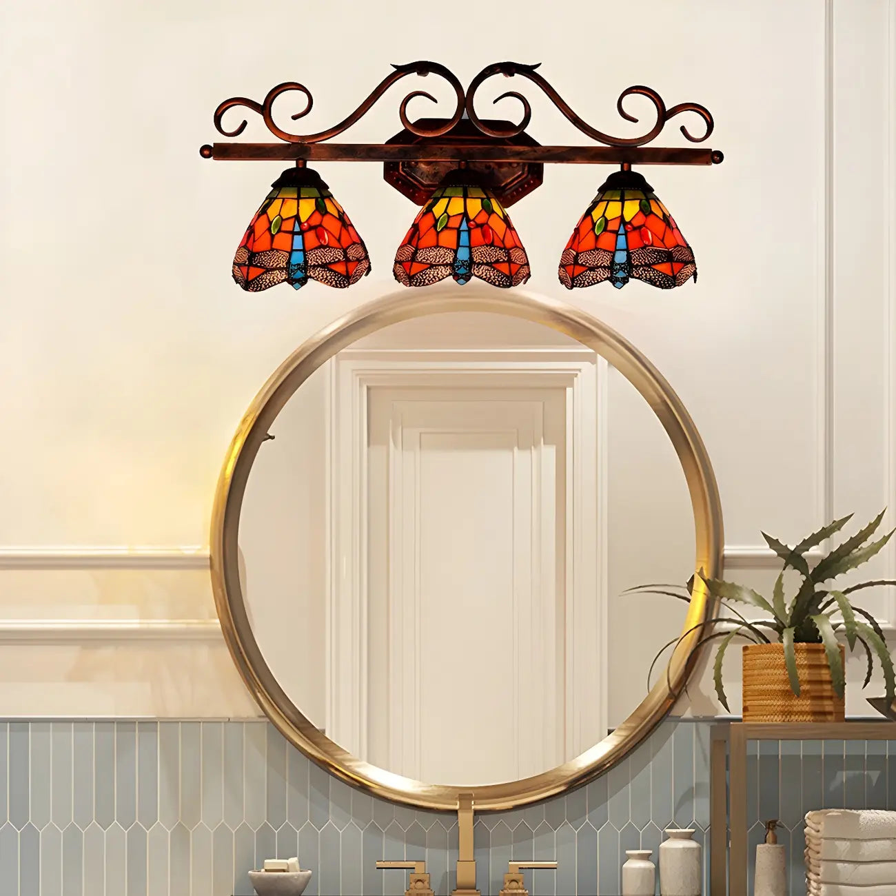 3-Light Orange Stained Glass Colorful Wall Light Dome Shape