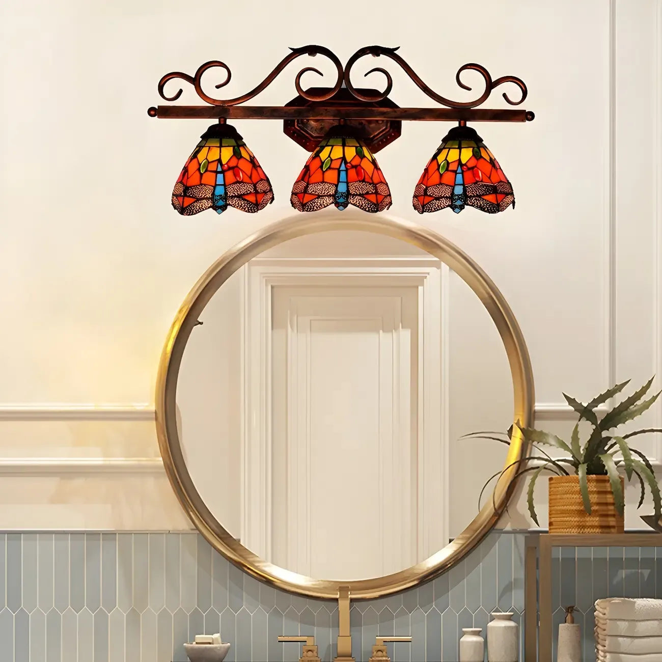 3-Light Orange Stained Glass Colorful Wall Light Dome Shape