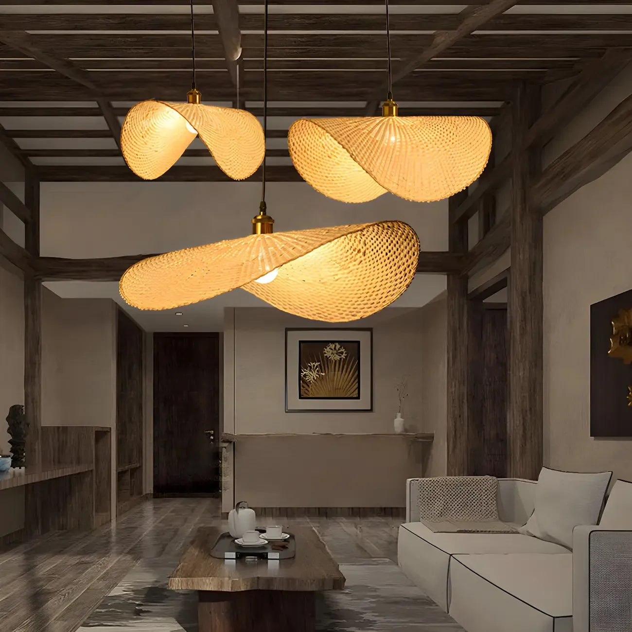 Bamboo Oriental Pendant Light Hanging Fixture for Indoor