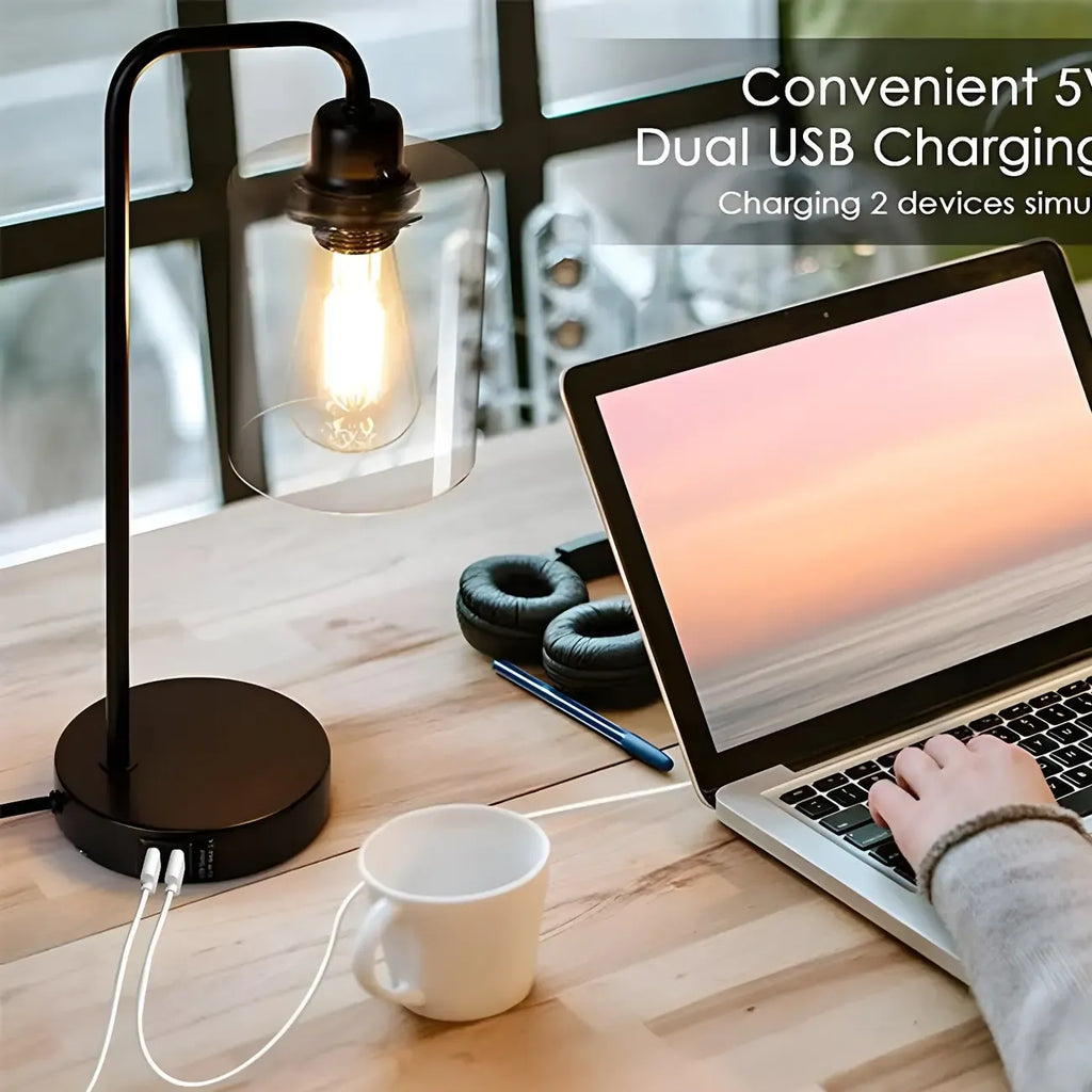 Simple Black Metal Glass Barrel Table Lamp with Touch Switch