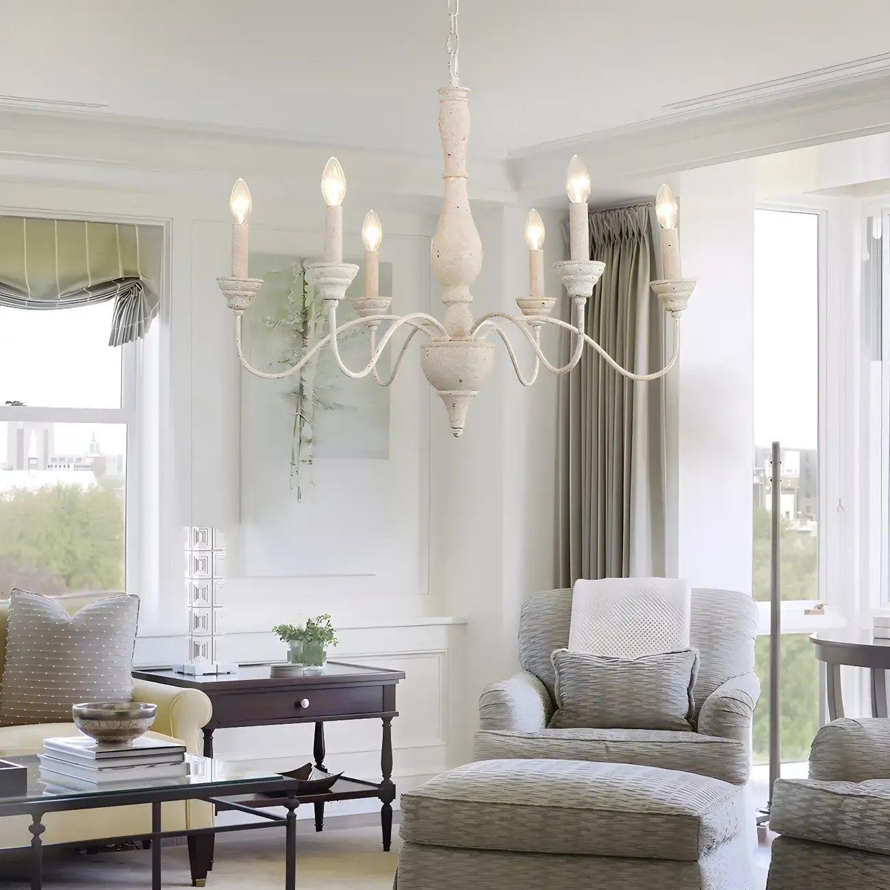 6-Light Classic Wooden Candelabra Chandelier with Chain Mount