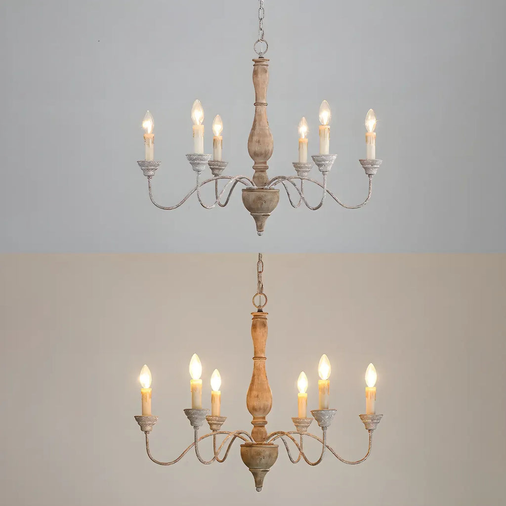 6-Light Classic Wooden Candelabra Chandelier with Chain Mount