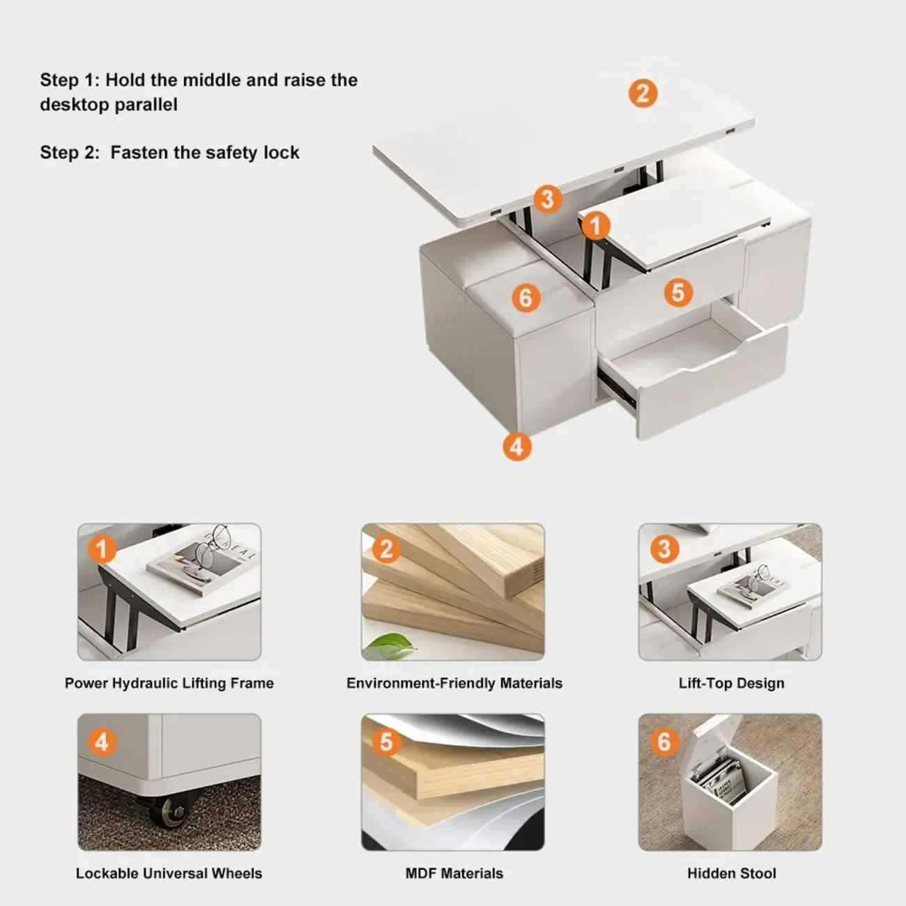 Foldable Lift-Top Coffee Table with 4 Stools & Storage