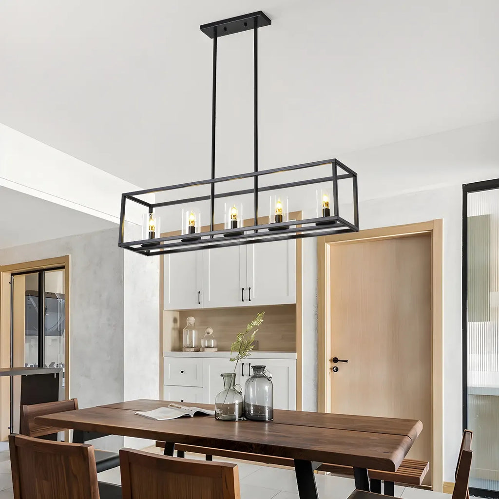 5-Light Industrial Black Glass Island Pendant Light for Kitchen