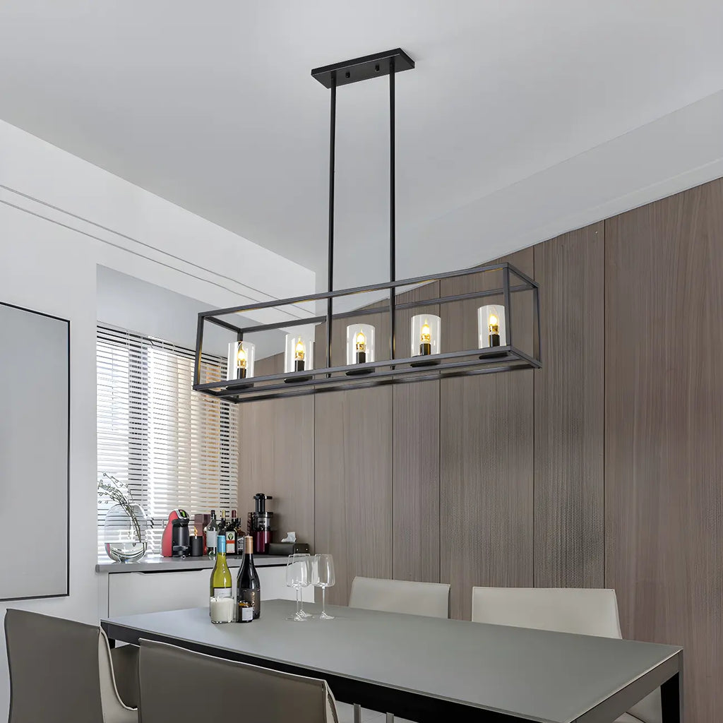 5-Light Industrial Black Glass Island Pendant Light for Kitchen