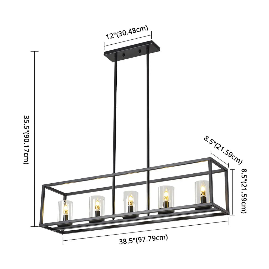 5-Light Industrial Black Glass Island Pendant Light for Kitchen