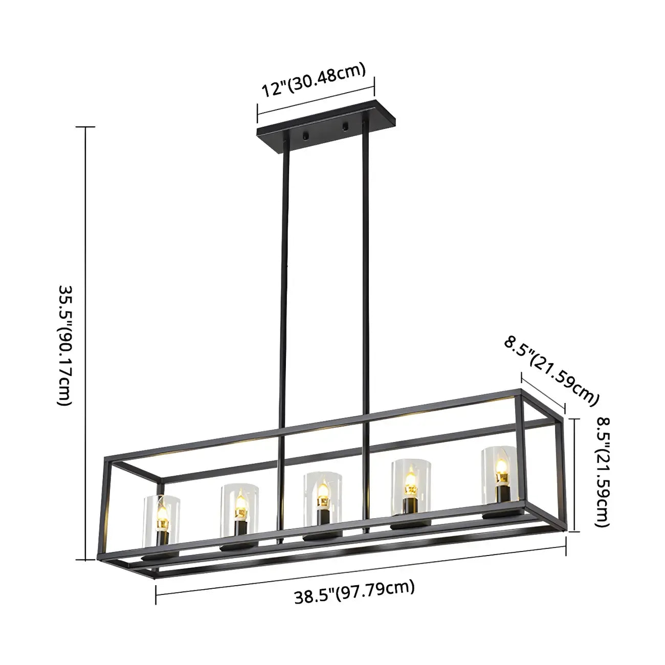 5-Light Industrial Black Glass Island Pendant Light for Kitchen