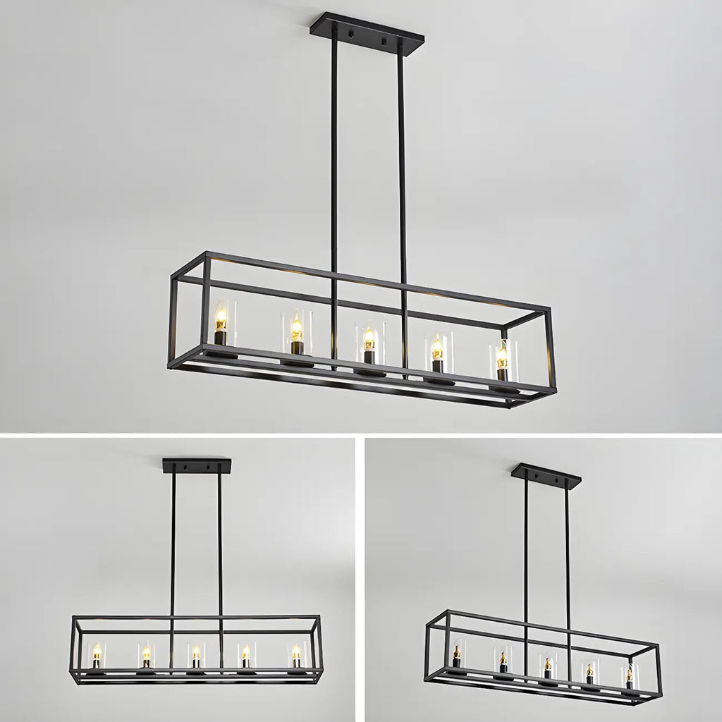 5-Light Industrial Black Glass Island Pendant Light for Kitchen