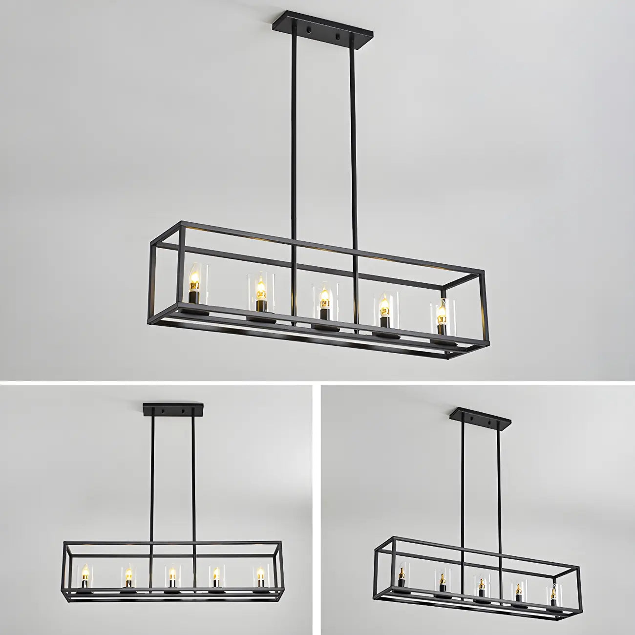 5-Light Industrial Black Glass Island Pendant Light for Kitchen