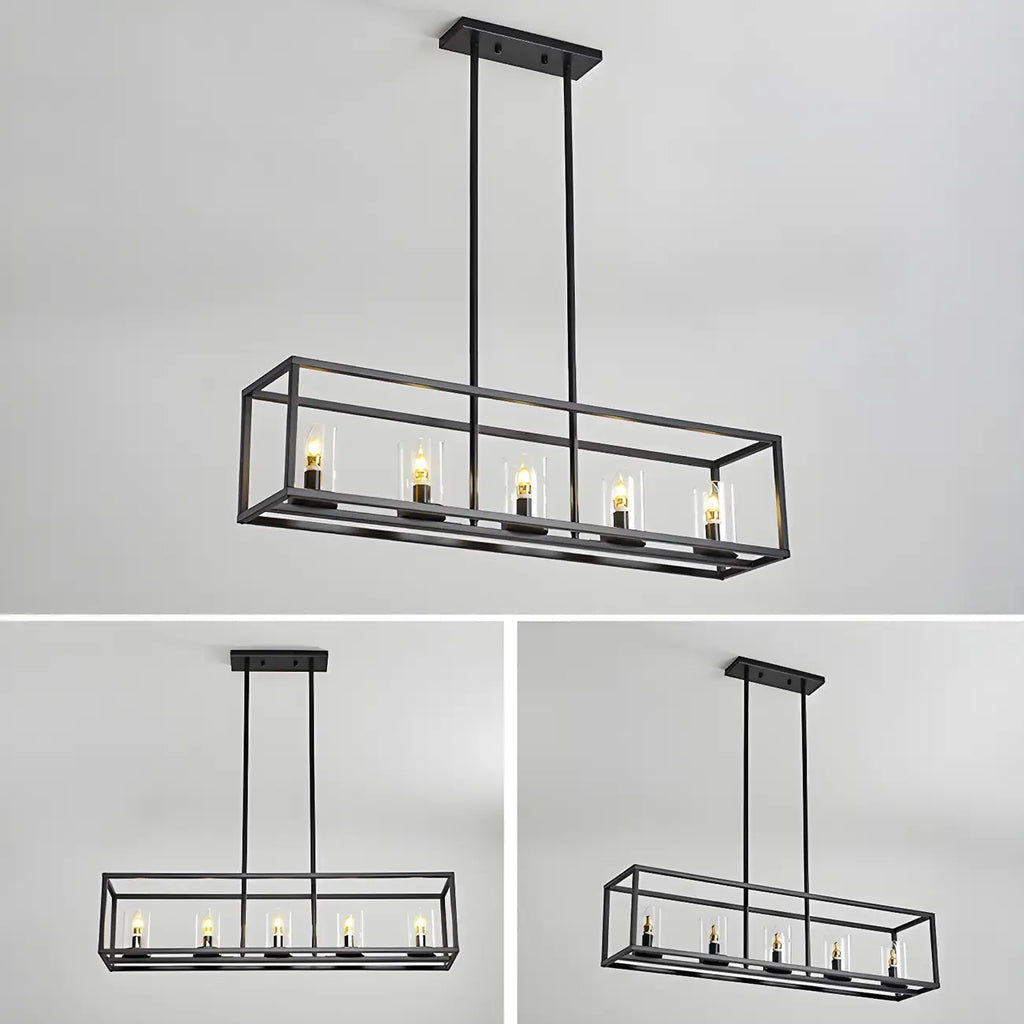 5-Light Industrial Black Glass Island Pendant Light for Kitchen