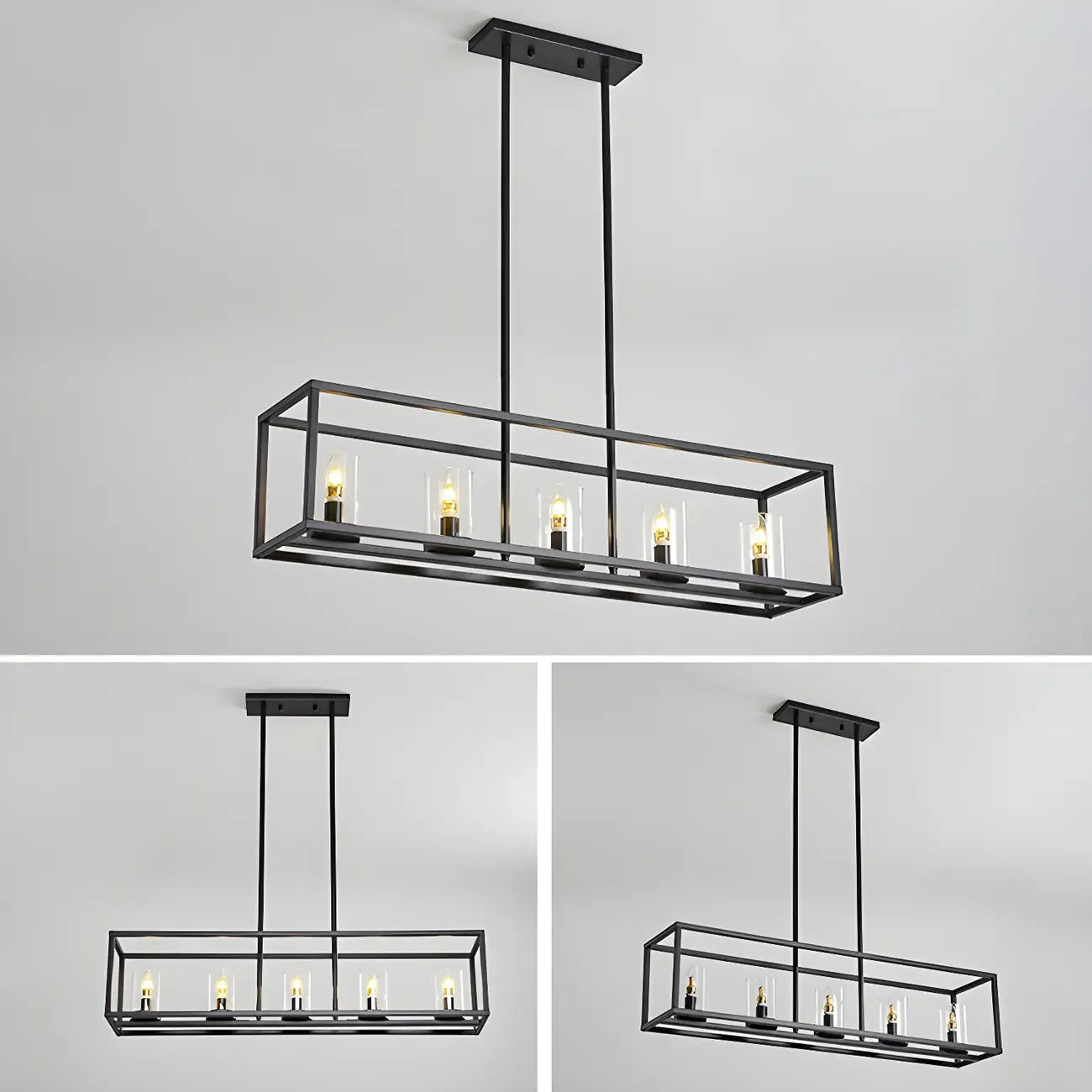 5-Light Industrial Black Glass Island Pendant Light for Kitchen