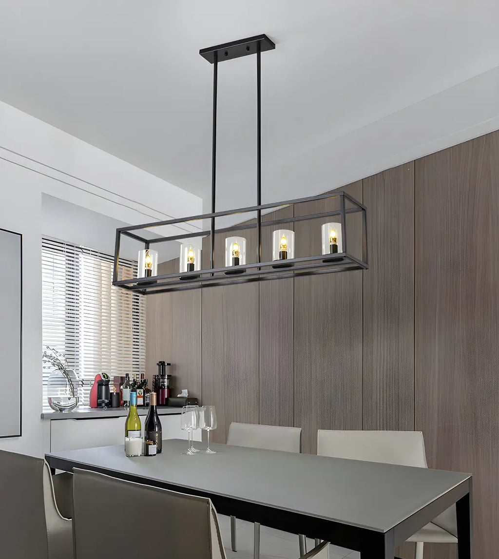 5-Light Industrial Black Glass Island Pendant Light for Kitchen