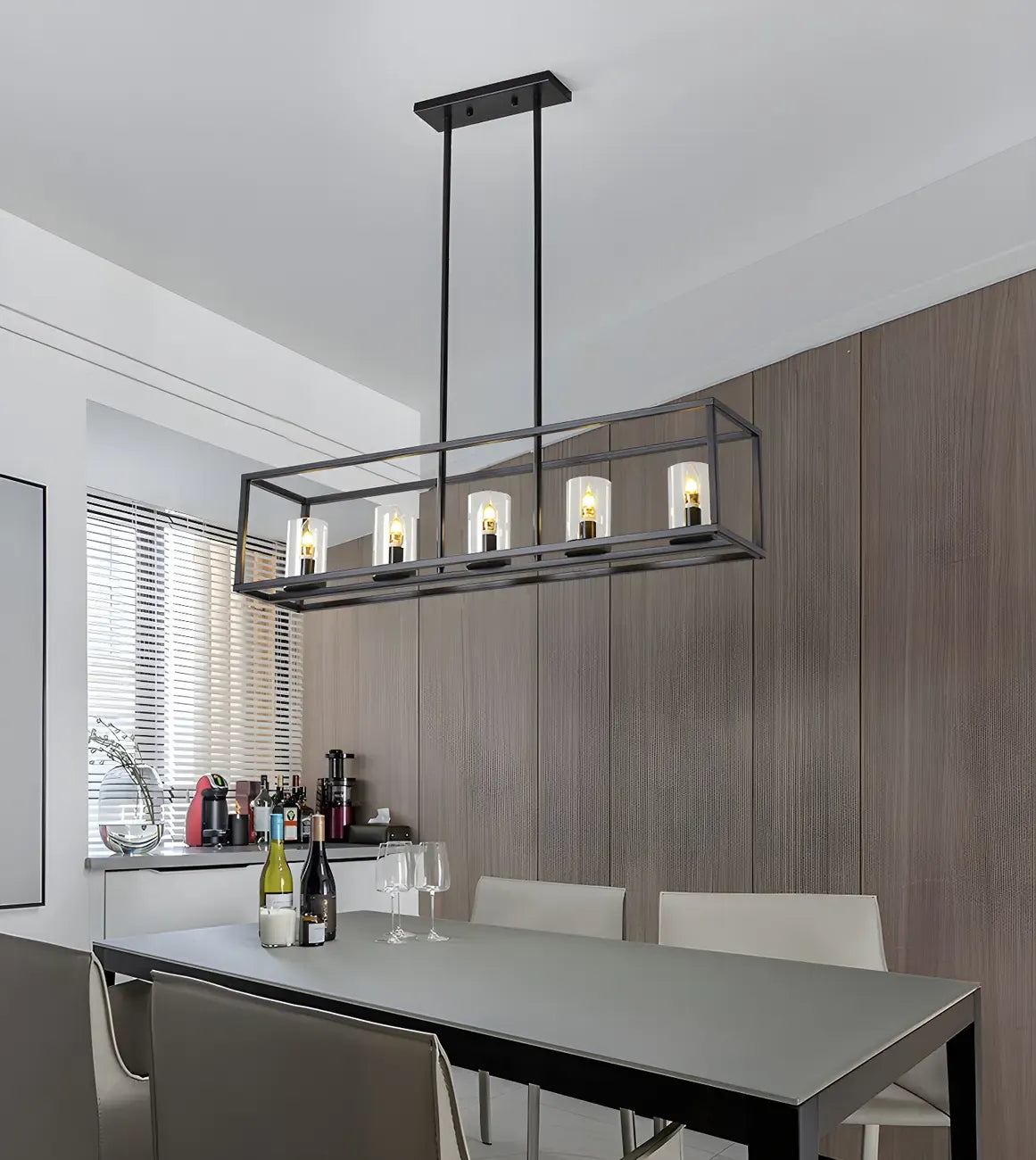 5-Light Industrial Black Glass Island Pendant Light for Kitchen
