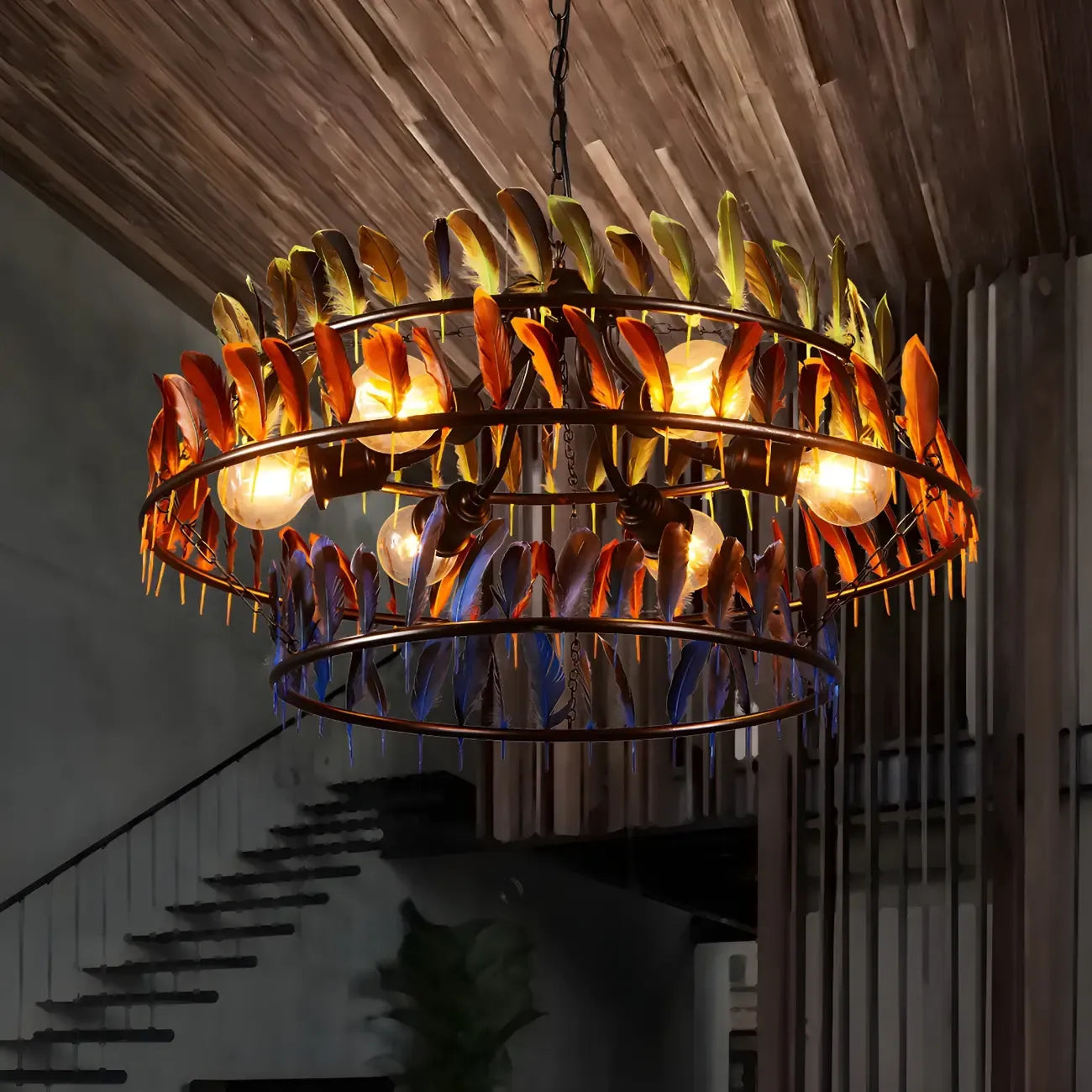 Art Deco 2-Tier Feather Hoop Chandelier with Adjustable Chain