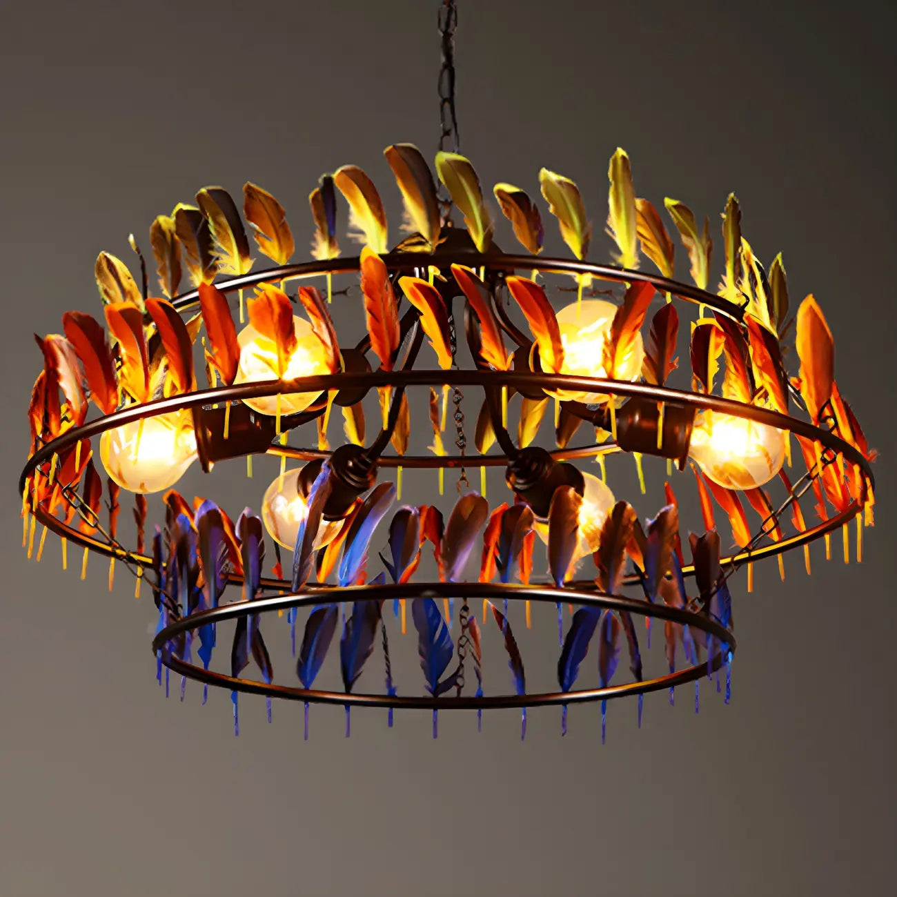 Art Deco 2-Tier Feather Hoop Chandelier with Adjustable Chain