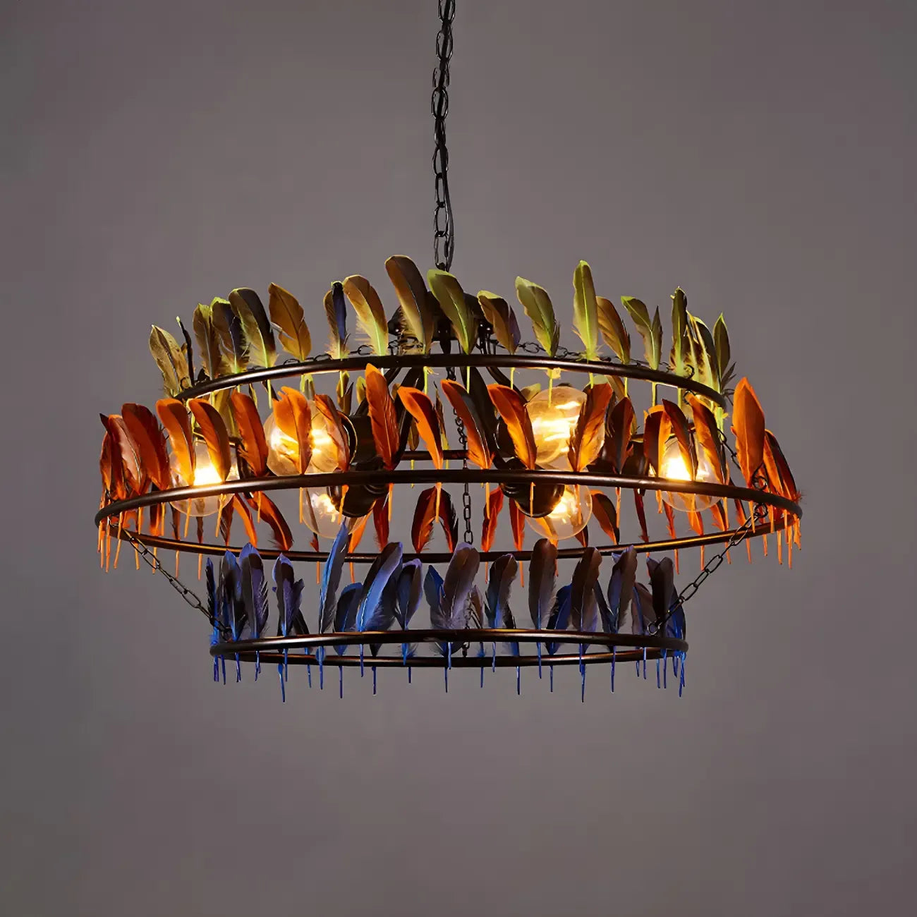 Art Deco 2-Tier Feather Hoop Chandelier with Adjustable Chain