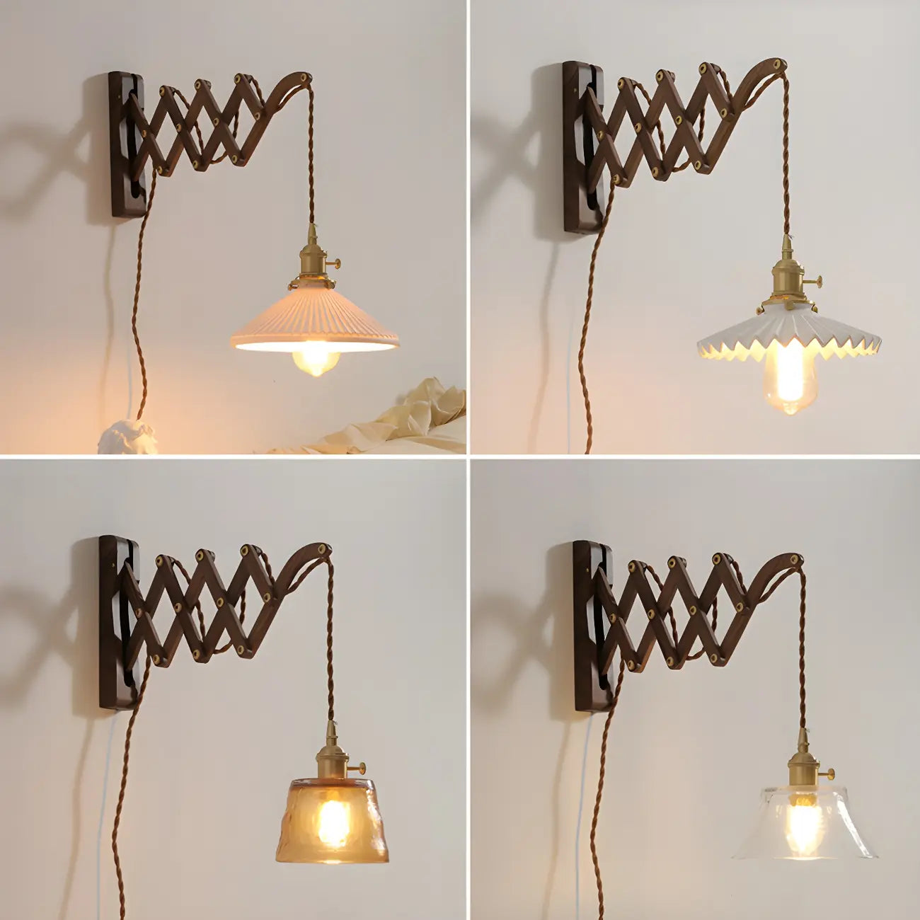 Vintage Brown Wood Retractable Swing Arm Wall Light