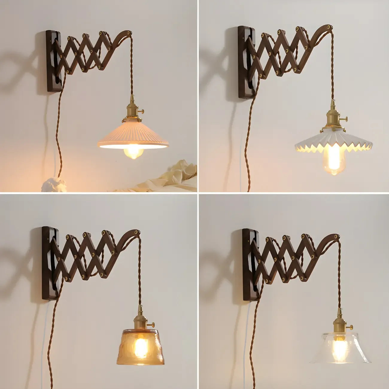 Vintage Brown Wood Retractable Swing Arm Wall Light