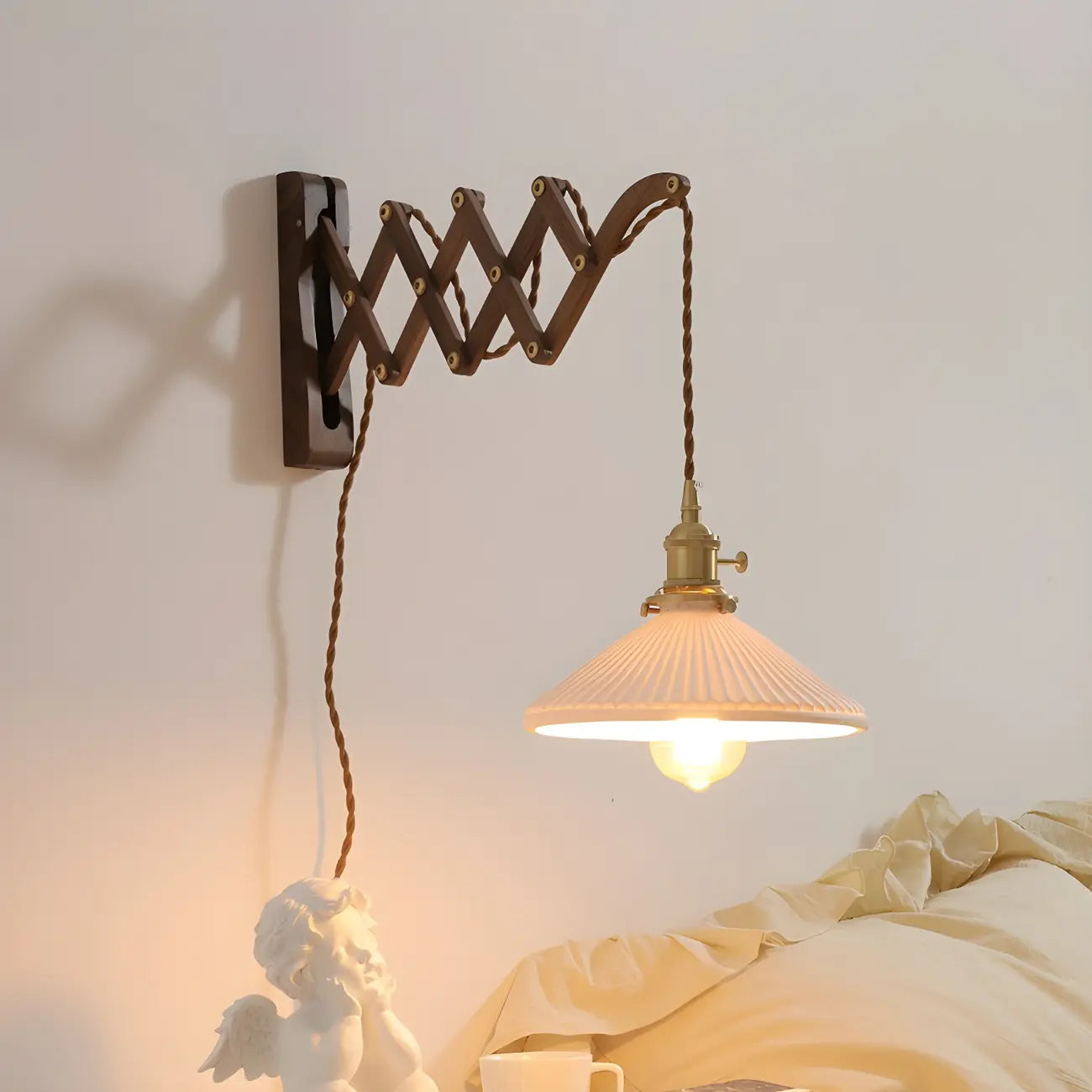 Vintage Brown Wood Retractable Swing Arm Wall Light
