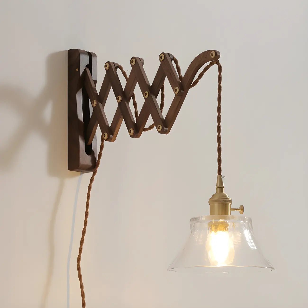 Vintage Brown Wood Retractable Swing Arm Wall Light