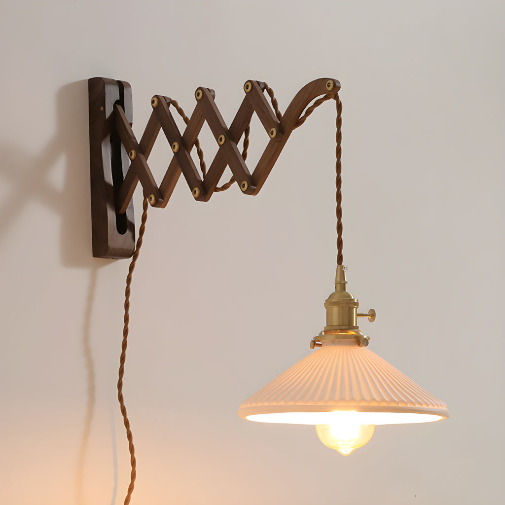 Vintage Brown Wood Retractable Swing Arm Wall Light