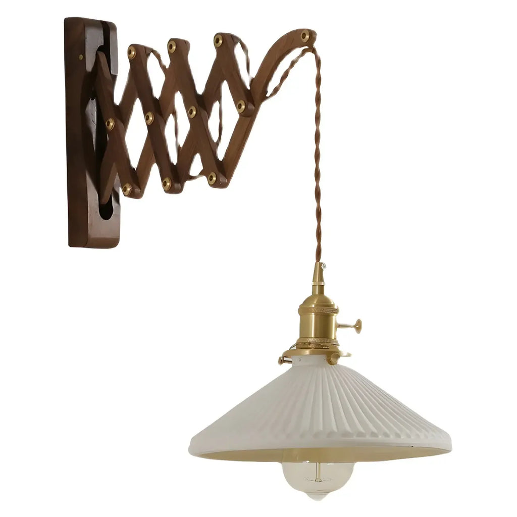 Vintage Brown Wood Retractable Swing Arm Wall Light