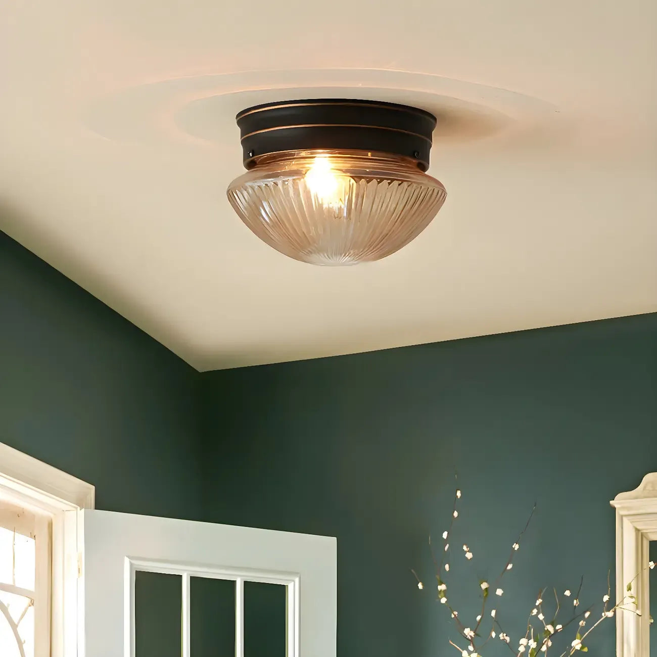 Classic Bronze Amber Ribbed Glass LED Flush Mount Ceiling Light