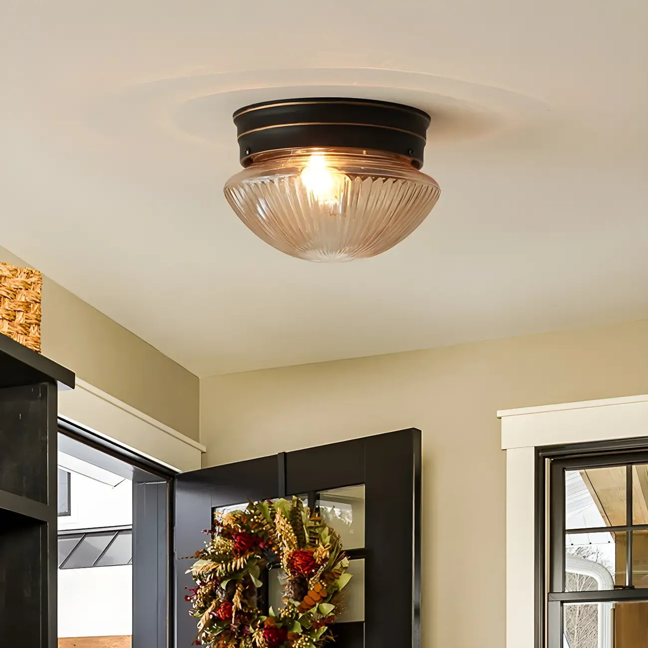 Classic Bronze Amber Ribbed Glass LED Flush Mount Ceiling Light