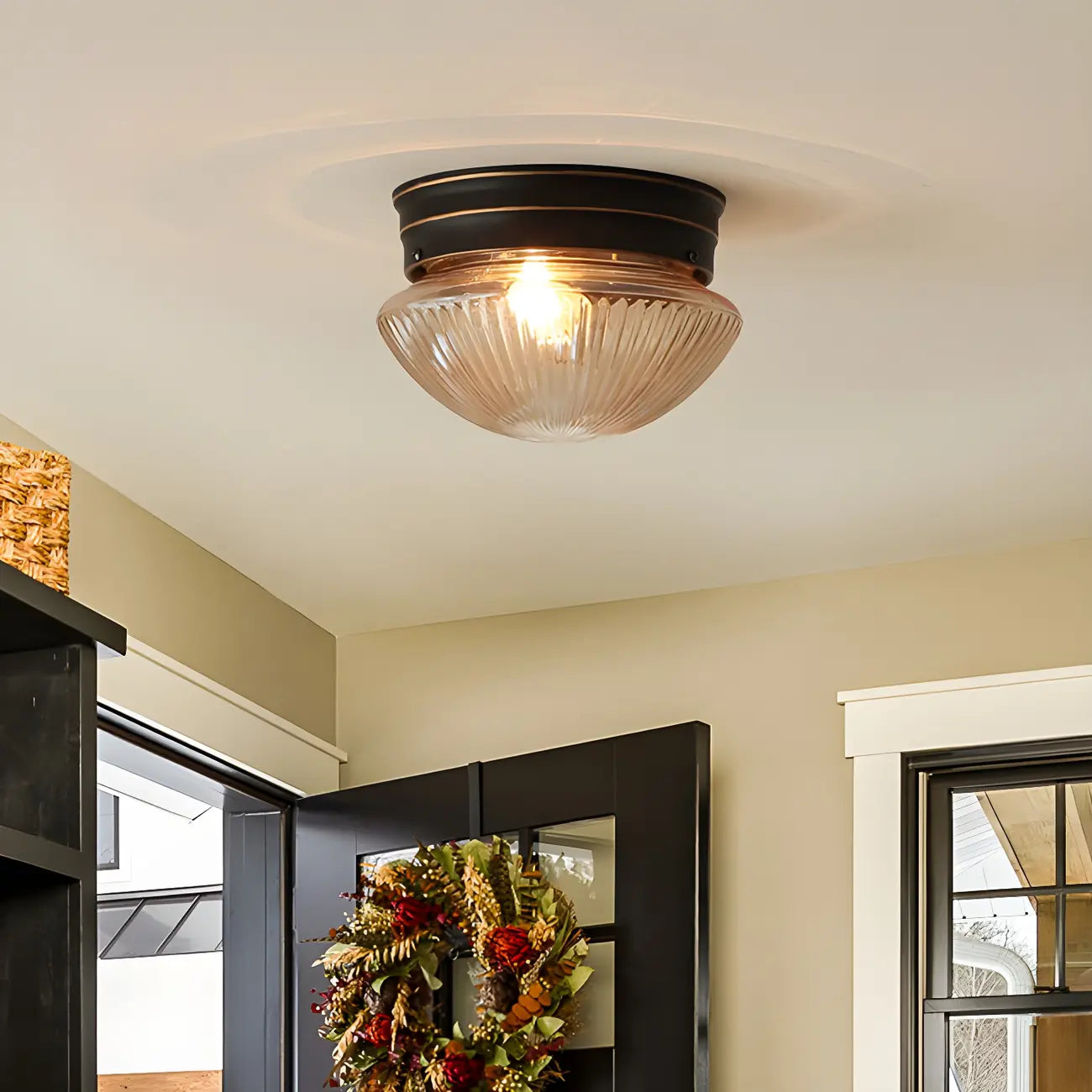 Classic Bronze Amber Ribbed Glass LED Flush Mount Ceiling Light